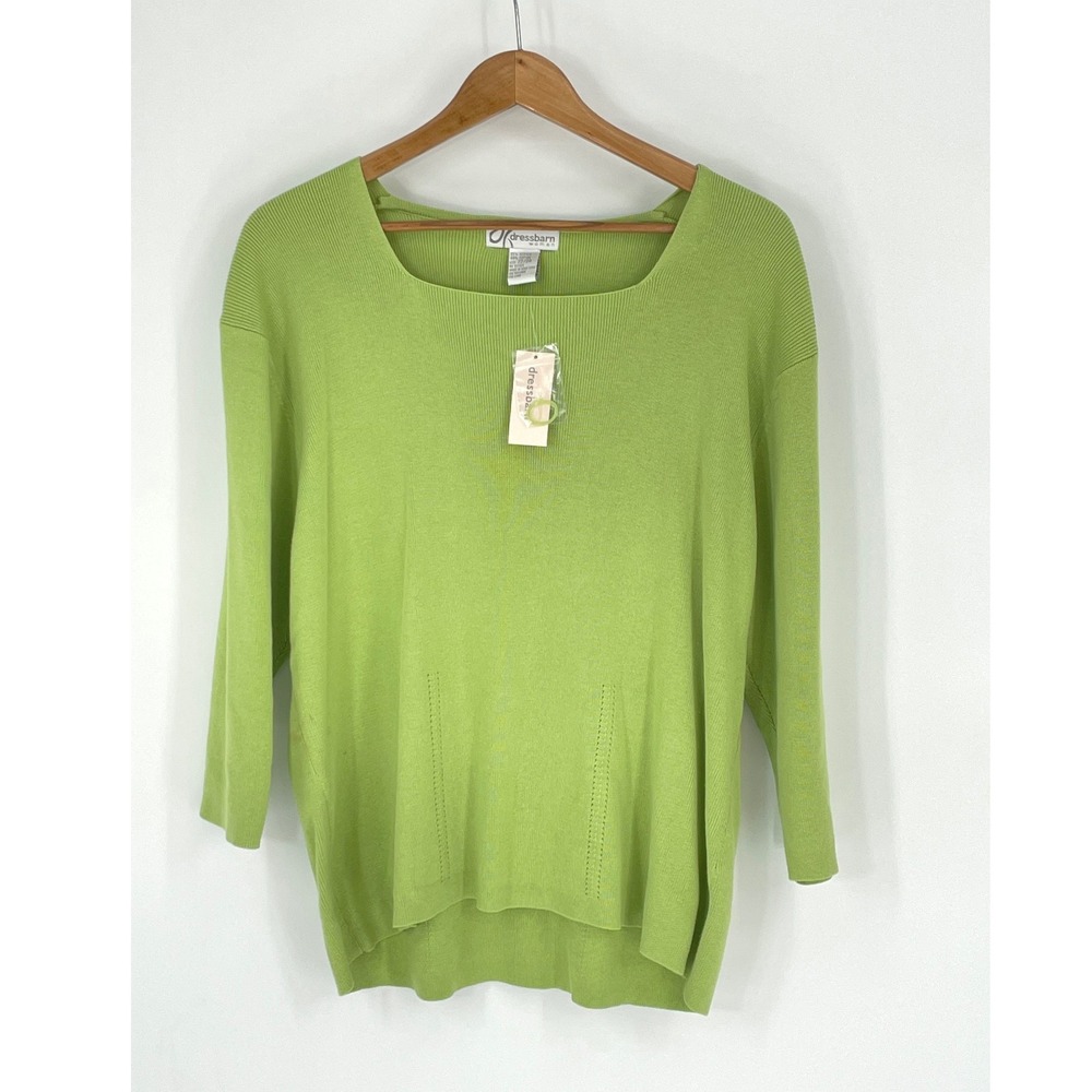 NWT Dressbarn Women 3X Sweater Lime Green Square Neck Pointelle Knit Top